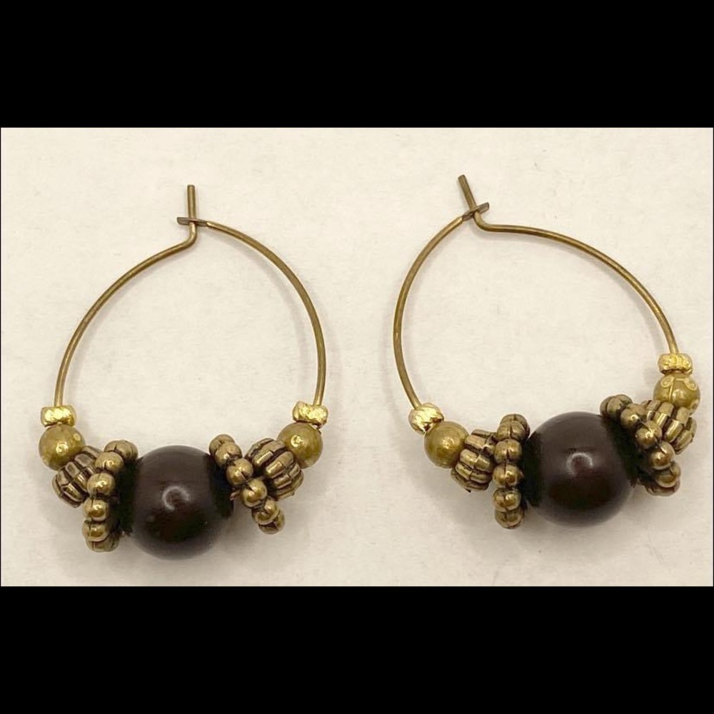 Vintage 12KGF wood & Bali beaded hoop earrings